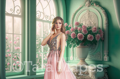 Mint and Pink Ornate Room Digital Backdrop - Vintage Window with Pink Flowers - Victorian Room with Flowers  Digital Background JPG