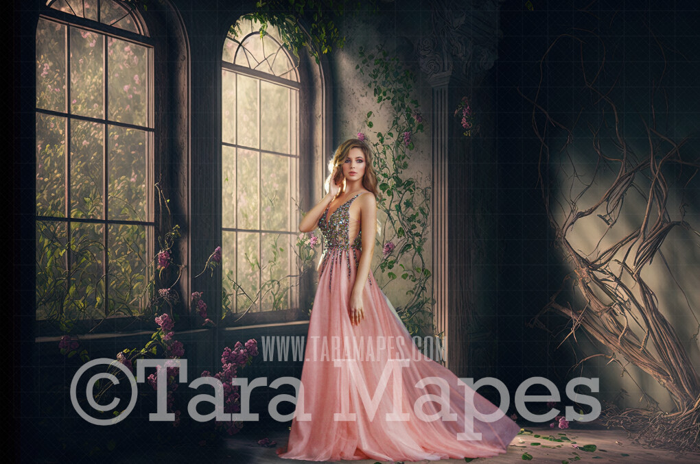 Overgrown Room Digital Backdrop - Abandoned Vintage Room with Overgrown Vines Flowers and Plants - Grunge Room with Flowers  Digital Background JPG