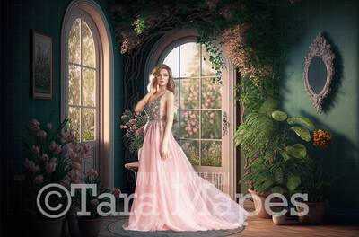 Green and Pink Ornate Room Digital Backdrop - Vintage Room with Roses - Victorian Room with Flowers  Digital Background JPG