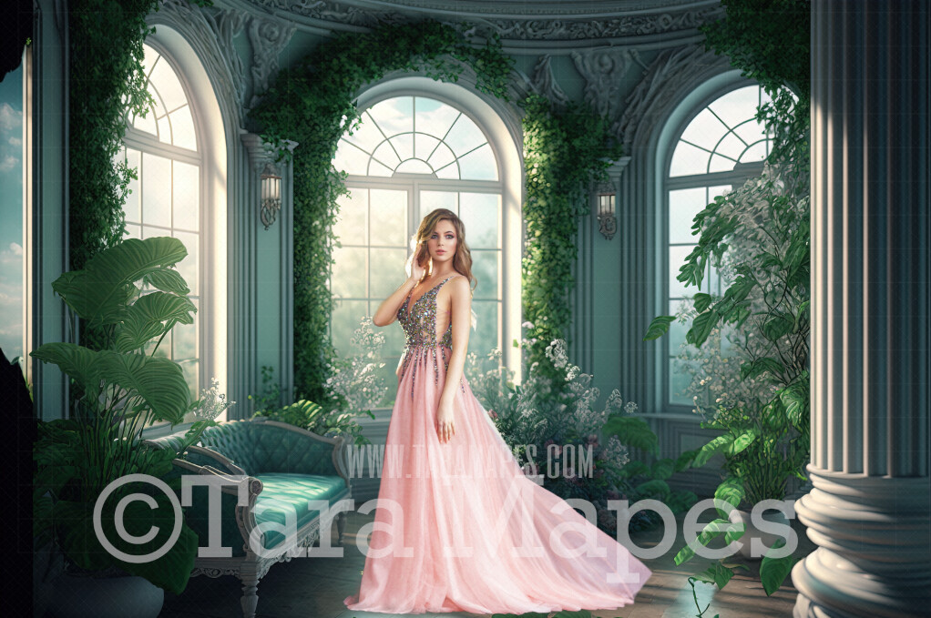 Green and Pink Ornate Room Digital Backdrop - Vintage Room with Flowers and Plants - Victorian Room with Flowers  Digital Background JPG