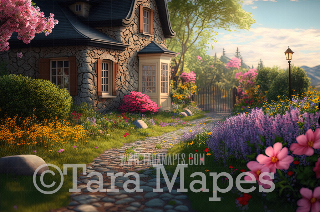 Spring Cottage Digital Backdrop - Path in Fantasy Garden by Cottage - Cottage Path - Floral Pathway - Cascading Flowers in Cottage Garden-  Digital Background JPG
