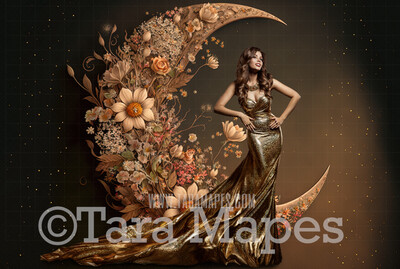 Floral Moon Digital Backdrop - Crescent Moon of Flowers - Floral Wreath Studio Digital Background JPG