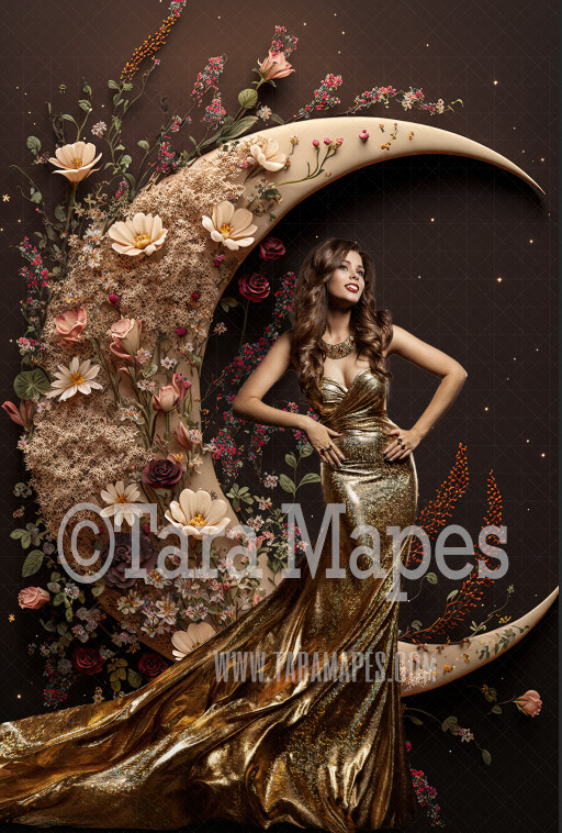 Flower Moon Digital Backdrop - Crescent Moon of Flowers - Floral Wreath Studio Digital Background JPG