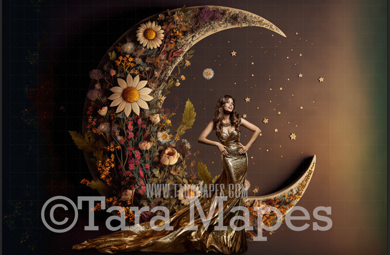 Floral Moon Digital Backdrop - Crescent Moon of Flowers - Floral Wreath Studio Digital Background JPG