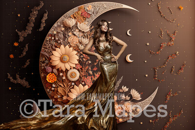 Floral Moon Digital Backdrop - Crescent Moon of Flowers - Floral Wreath Studio Digital Background JPG