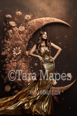 Flower Moon Digital Backdrop - Crescent Moon of Flowers - Floral Wreath Studio Digital Background JPG