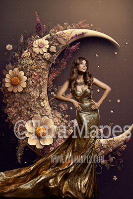 Flower Moon Digital Backdrop - Crescent Moon of Flowers - Floral Wreath Studio Digital Background JPG