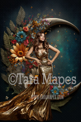 Floral Moon Digital Backdrop - Crescent Moon of Flowers - Floral Wreath Studio Digital Background JPG