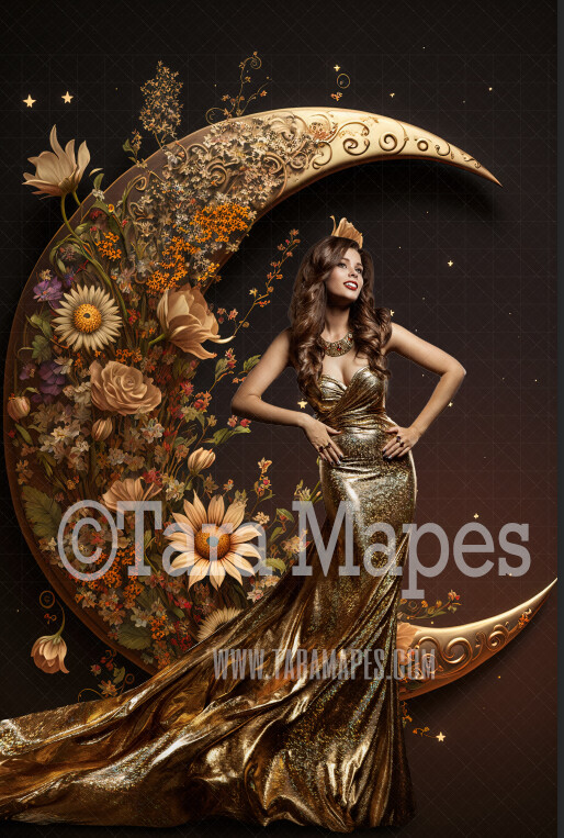 Flower Moon Digital Backdrop - Crescent Moon of Flowers - Floral Wreath Studio Digital Background JPG