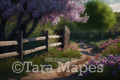 Garden Path by Wooden Fence Digital Backdrop - Dirt Path by Cherry Trees- Spring Digital Background JPG