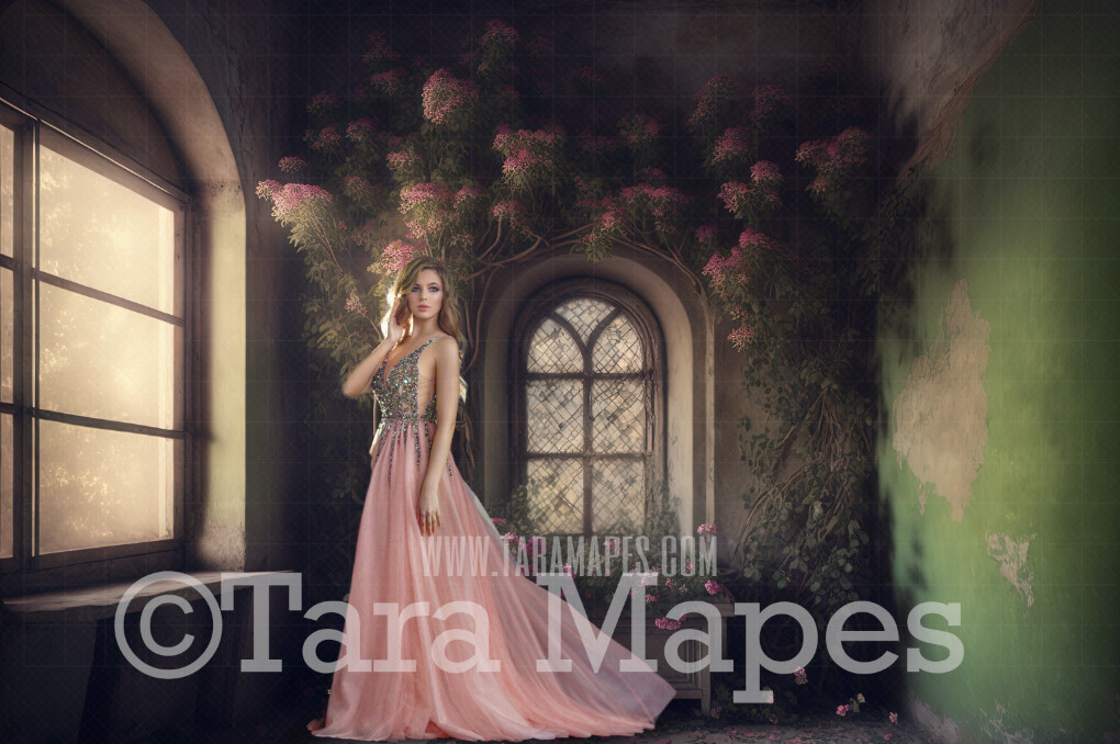 Overgrown Room Digital Backdrop - Abandoned Vintage Room with Overgrown Vines Flowers and Plants - Grunge Room with Flowers  Digital Background JPG
