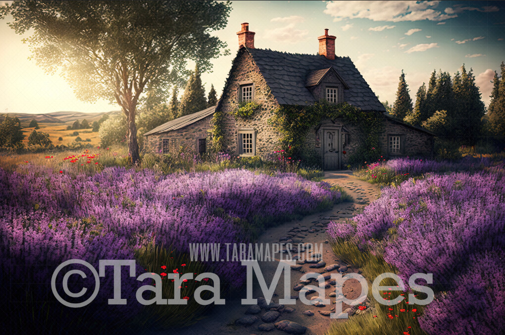 Spring Cottage Digital Backdrop - Path in Fantasy Garden of Lavender Flowers by Cottage - Cottage Path - Floral Pathway - Cascading Flowers in Cottage Garden-  Digital Background JPG
