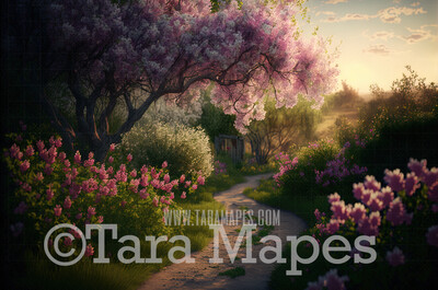 Spring Flowers Digital Backdrop - Dirt Path by Garden of Flowers - Spring Forest Digital Background JPG