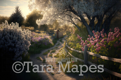 Garden Path by Wooden Fence Digital Backdrop - Dirt Path by Cherry Trees- Spring Digital Background JPG