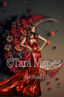 Floral Moon Digital Backdrop - Crescent Moon of Flowers - Floral Wreath Studio Digital Background JPG