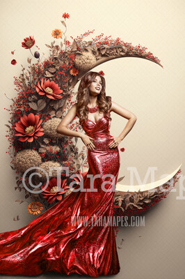 Floral Moon Digital Backdrop - Crescent Moon of Flowers - Floral Wreath Studio Digital Background JPG
