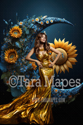 Floral Moon Digital Backdrop - Crescent Moon of Flowers - Sunflower Wreath - Floral Wreath Studio Digital Background JPG
