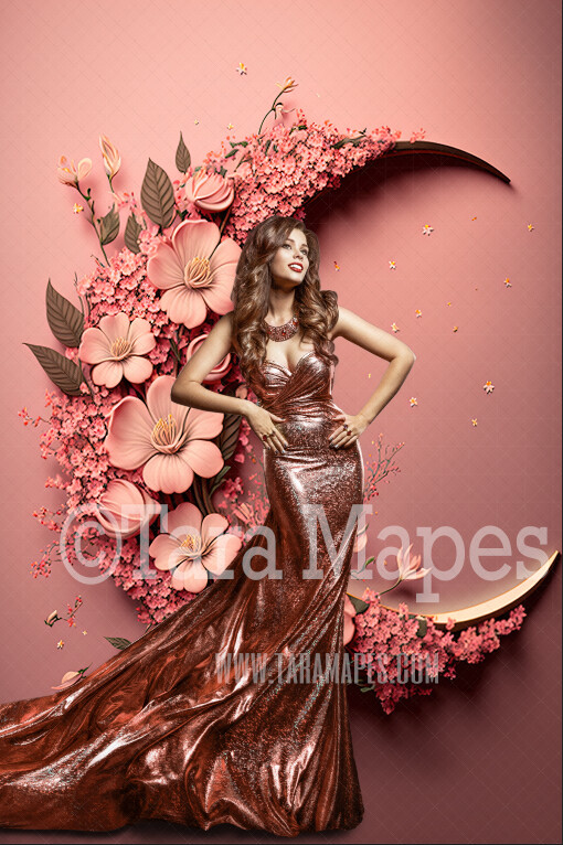 Floral Moon Digital Backdrop - Crescent Moon of Flowers - Floral Wreath Studio Digital Background JPG