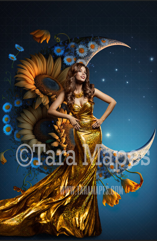 Floral Moon Digital Backdrop - Crescent Moon of Flowers - Sunflower Wreath - Floral Wreath Studio Digital Background JPG