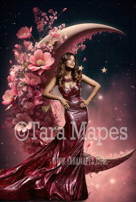 Floral Moon Digital Backdrop - Crescent Moon of Flowers - Floral Wreath Studio Digital Background JPG