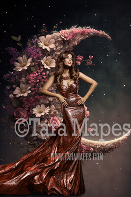 Floral Moon Digital Backdrop - Crescent Moon of Flowers - Floral Wreath Studio Digital Background JPG