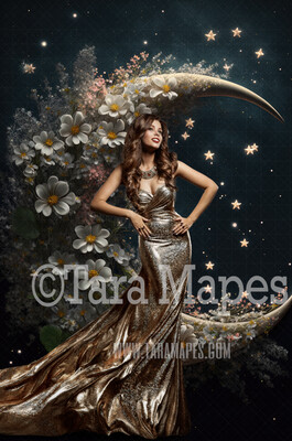 Floral Moon Digital Backdrop - Crescent Moon of Flowers - Floral Wreath Studio Digital Background JPG