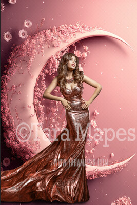 Floral Moon Digital Backdrop - Crescent Moon of Flowers - Floral Wreath Studio Digital Background JPG