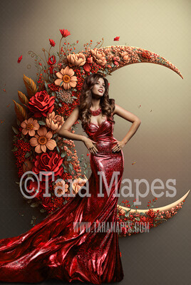 Floral Moon Digital Backdrop - Crescent Moon of Flowers - Floral Wreath Studio Digital Background JPG