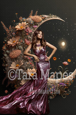 Floral Moon Digital Backdrop - Crescent Moon of Flowers - Floral Wreath Studio Digital Background JPG