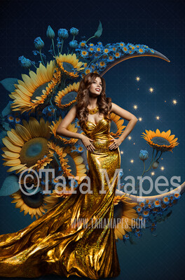 Floral Moon Digital Backdrop - Crescent Moon of Flowers - Sunflower Wreath - Floral Wreath Studio Digital Background JPG
