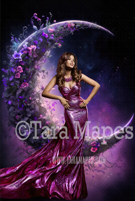 Floral Moon Digital Backdrop - Crescent Moon of Flowers - Floral Wreath Studio Digital Background JPG