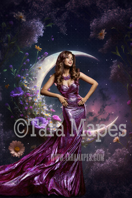 Floral Moon Digital Backdrop - Crescent Moon of Flowers - Floral Wreath Studio Digital Background JPG