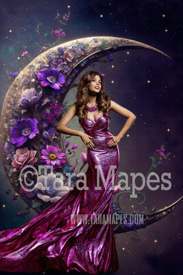 Floral Moon Digital Backdrop - Crescent Moon of Flowers - Floral Wreath Studio Digital Background JPG