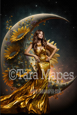 Floral Moon Digital Backdrop - Crescent Moon of Flowers - Sunflower Wreath - Floral Wreath Studio Digital Background JPG