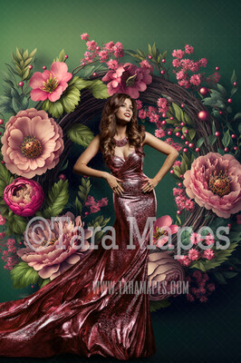 Floral Wreath Digital Backdrop - Fine Art Wreath of Flowers - Floral Wreath Studio Digital Background JPG