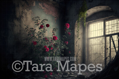 Abandoned Building Digital Background (JPG FILE) - Abandoned Room with Roses Overgrown - Overgrown  - Grunge Digital Background