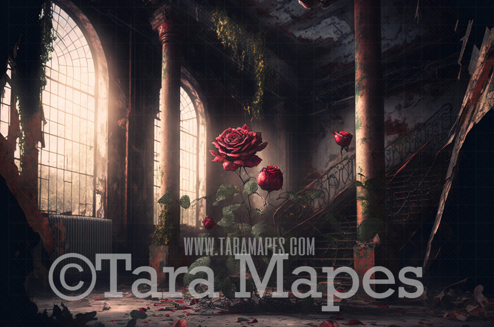 Abandoned Building Digital Background (JPG FILE) - Abandoned Room with Roses Overgrown - Overgrown  - Grunge Digital Background