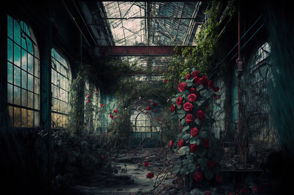 Abandoned Building Digital Background (JPG FILE) - Abandoned Room with Roses Overgrown - Overgrown - Grunge Digital Background
