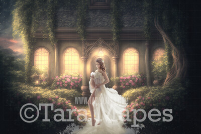 Mansion with Arches - Cascading Flowers and Vines Digital Backdrop - Ornate Building with Flowers and Vines - Digital Background JPG
