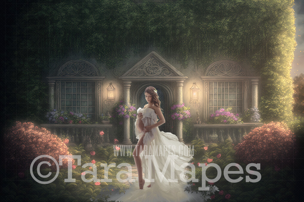 Stone Cottage with Garden Path - Cascading Flowers and Vines Digital Backdrop - Ornate Building with Flowers and Vines - Digital Background JPG