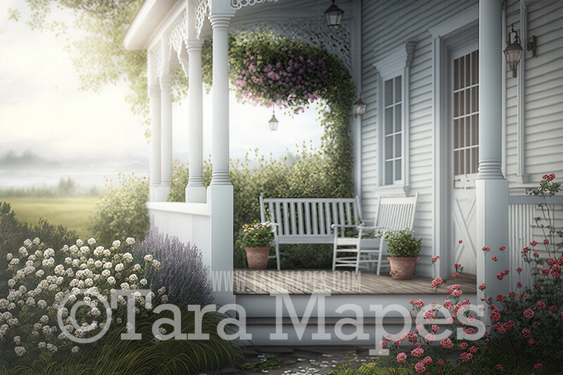 Spring Cottage Digital Backdrop - Cottage with Garden  - White Cottage with Garden -  Digital Background JPG