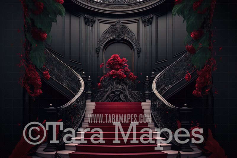 Black and Gold Palace Stairs Digital Backdrop - Ornate Castle Staircase - Flower Stairs -  Floral Stairs - Fairytale Valentine Wedding Digital Background JPG