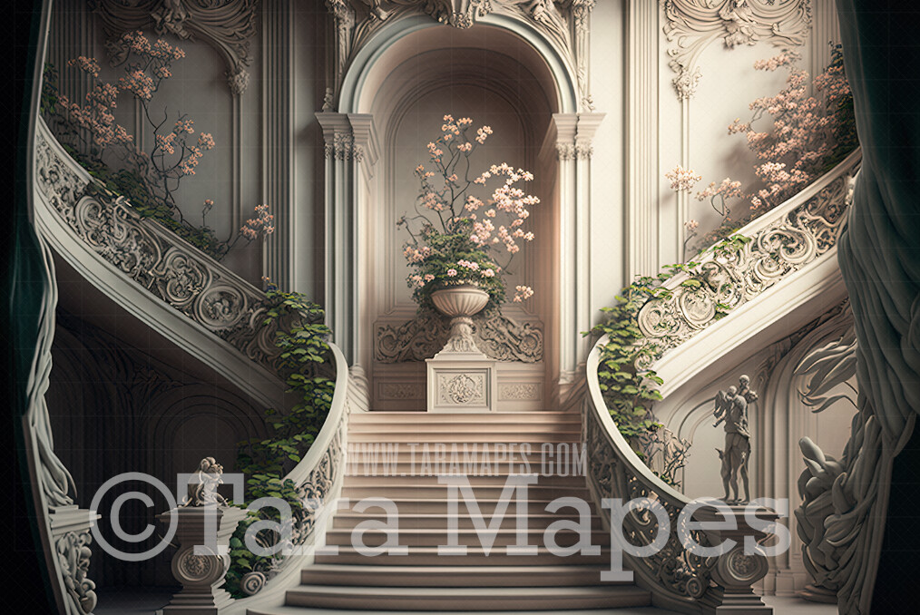 Palace Stairs Digital Backdrop - Ornate Castle Staircase - Flower Stairs - Floral Stairs - Fairytale Valentine Digital Background JPG