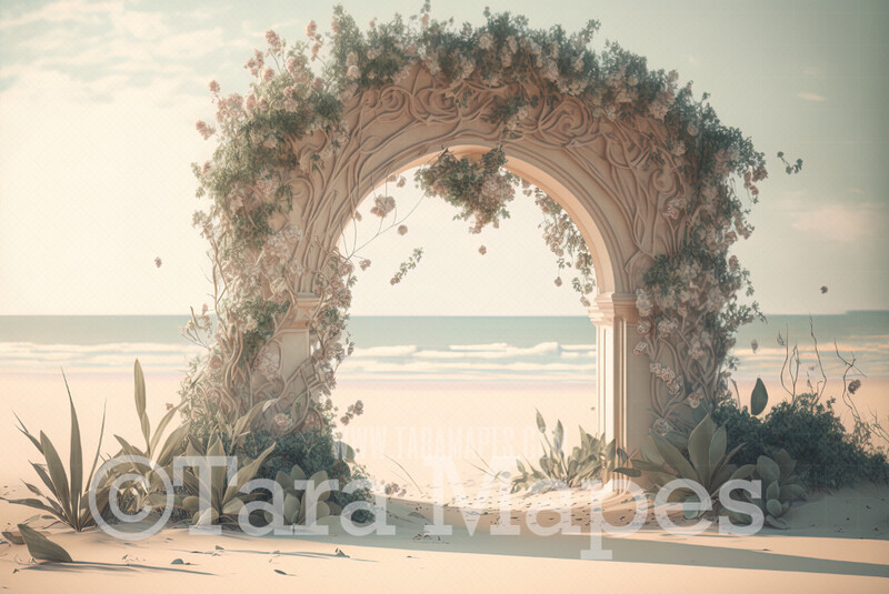 Floral Beach Arch Digital Backdrop - Ornate Arch of Flowers on Beach Digital Background JPG