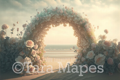 Floral Beach Arch Digital Backdrop - Ornate Arch of Flowers on Beach Digital Background JPG