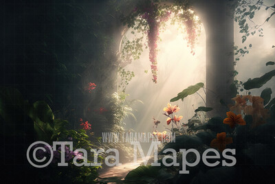 Garden of Eden Digital Backdrop  - Hazy Garden with Sunlight - Fantasy Garden Digital Background JPG