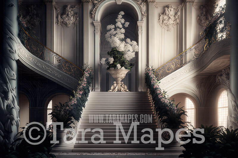Palace Stairs Digital Backdrop - Ornate Castle Staircase - Flower Stairs -  Floral Stairs - Fairytale Valentine Digital Background JPG