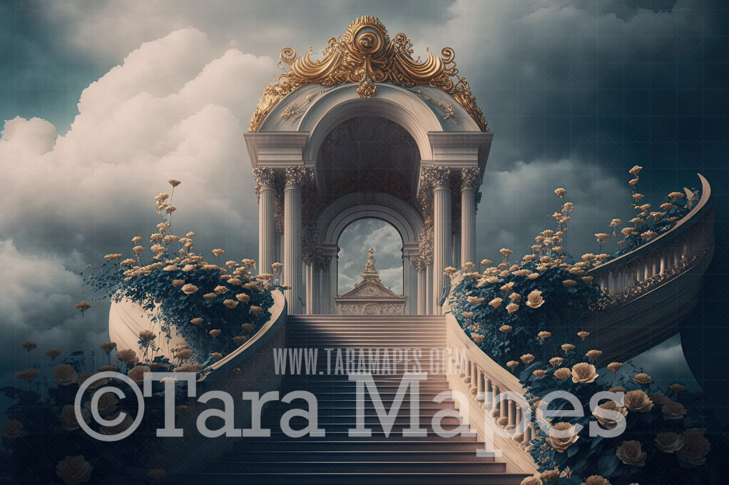 Fantasy Palace Stairs Digital Backdrop - Ornate Castle Staircase in Clouds - Flower Stairs - Floral Stairs - Fairytale Valentine Wedding Digital Background JPG