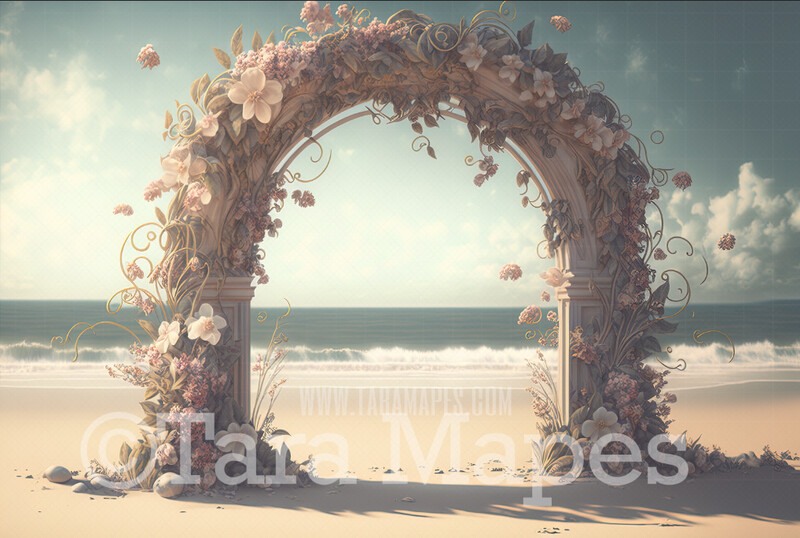 Floral Beach Arch Digital Backdrop - Ornate Arch of Flowers on Beach Digital Background JPG