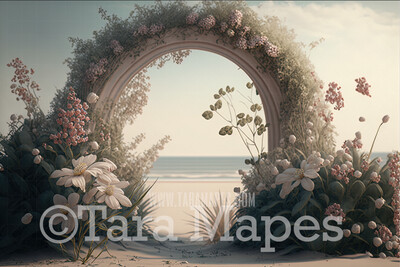 Floral Beach Arch Digital Backdrop - Ornate Arch of Flowers on Beach Digital Background JPG